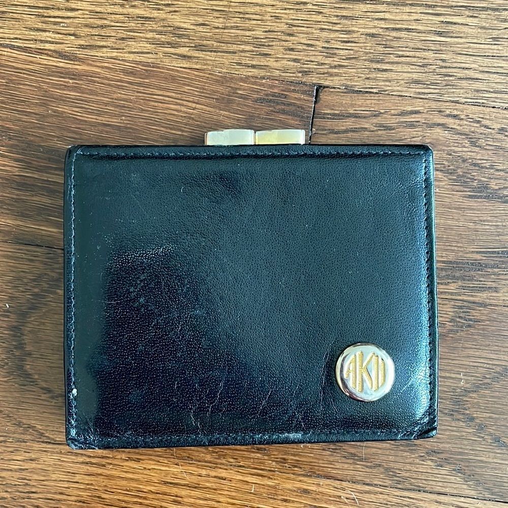 Vtg Anne Klein 2‎ black leather snap top coin purse